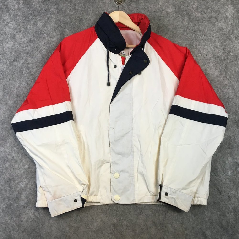 Vintage Windbreaker Jacket Large Adult Stowaway Hood Colorblock Patriotic Button